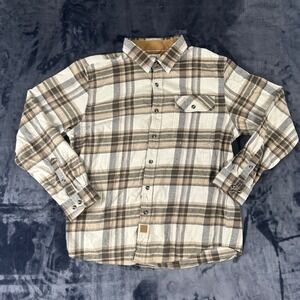 Dubinik Flannel Button Down Mens L Brown Plaid Long Sleeve Corduroy Trim